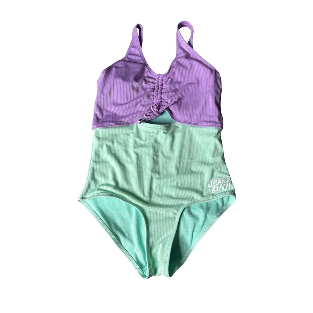 Justice Beach Girls One Piece Swimsuit Purple Mint Ribbed Ruched Halter XL 14/16